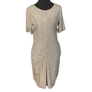REISS Metallic Ruched Holiday Party Bodycon Dress Champagne Gold Shimmer 10